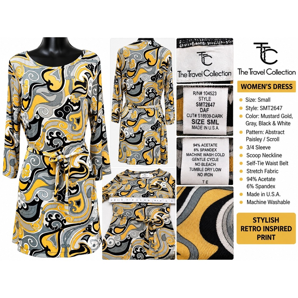 The Travel Collection SMT2647 Paisley Scroll Dress Mustard Gold Gray Small
